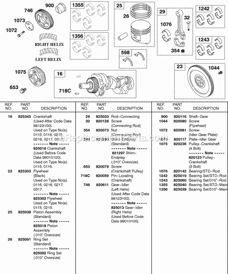 Crankshaft Piston Rings Flywheel Diagram and Parts List for 433447-0215-E2  Briggs and Stratton Engine
